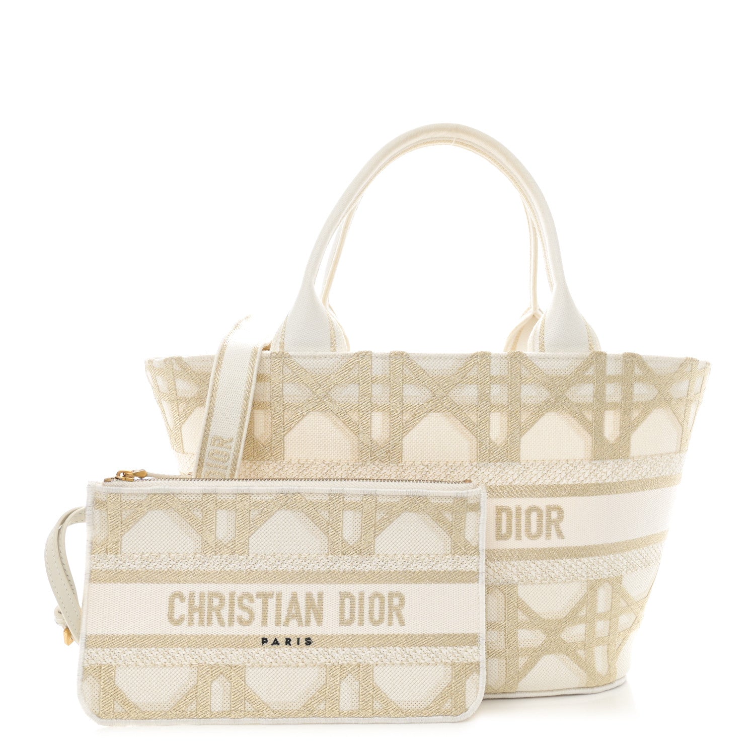 Christian Dior Canvas Cannage Embroidered Brocart Hat Basket Bag White Gold 3 of 12