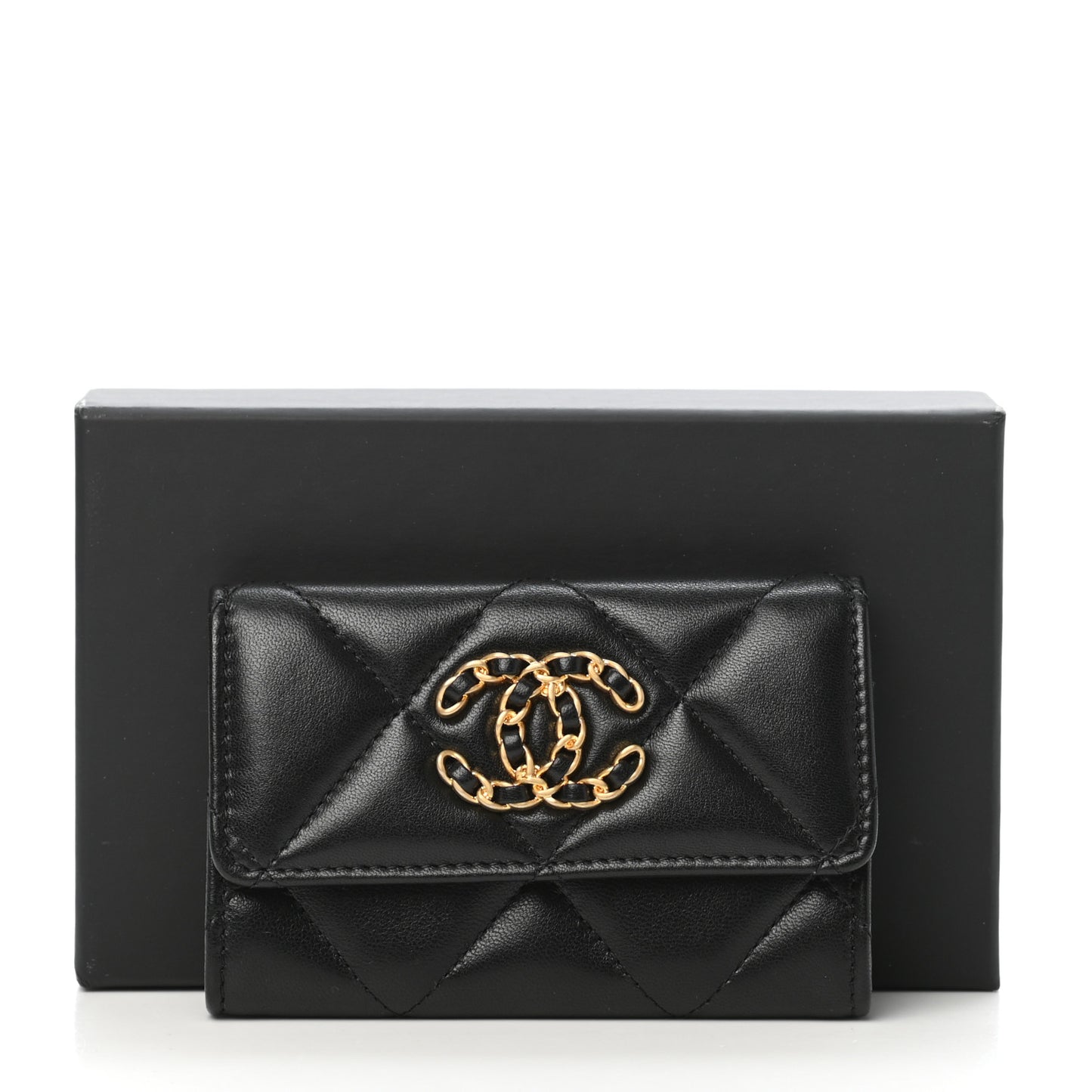 Lambskin Quilted Chanel 19 Flap Card Holder Black