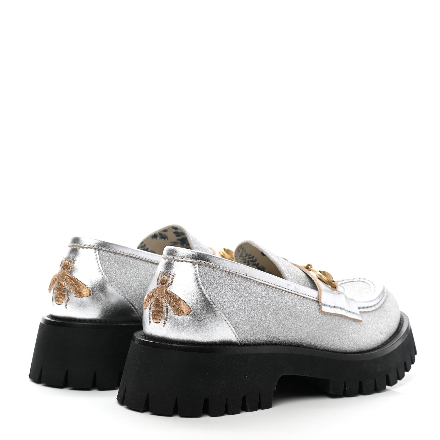 Gucci Mini Diamond Storm Silk Calfskin Womens Harald Horsebit 25mm Platform Loafers 38 Silver 4 of 9