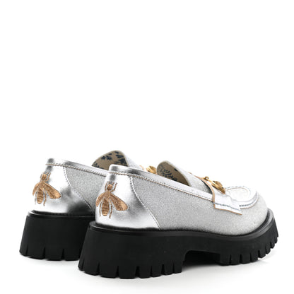 Gucci Mini Diamond Storm Silk Calfskin Womens Harald Horsebit 25mm Platform Loafers 38 Silver 4 of 9