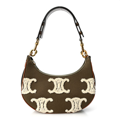 Celine Cotton Gabardine Bouclette Embroidered Medium Strap Ava Triomphe Shoulder Bag Khaki Tan 1 of 8