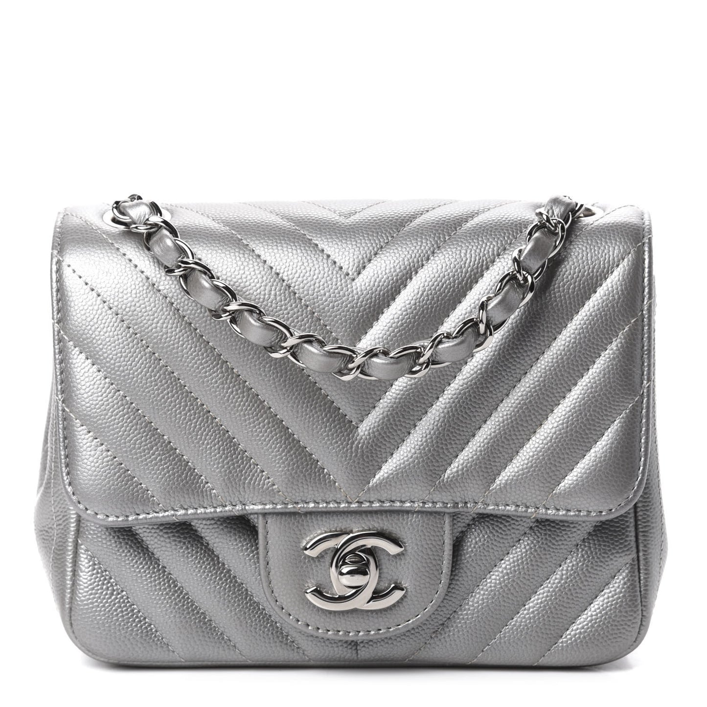 Metallic Caviar Chevron Quilted Mini Square Flap Silver