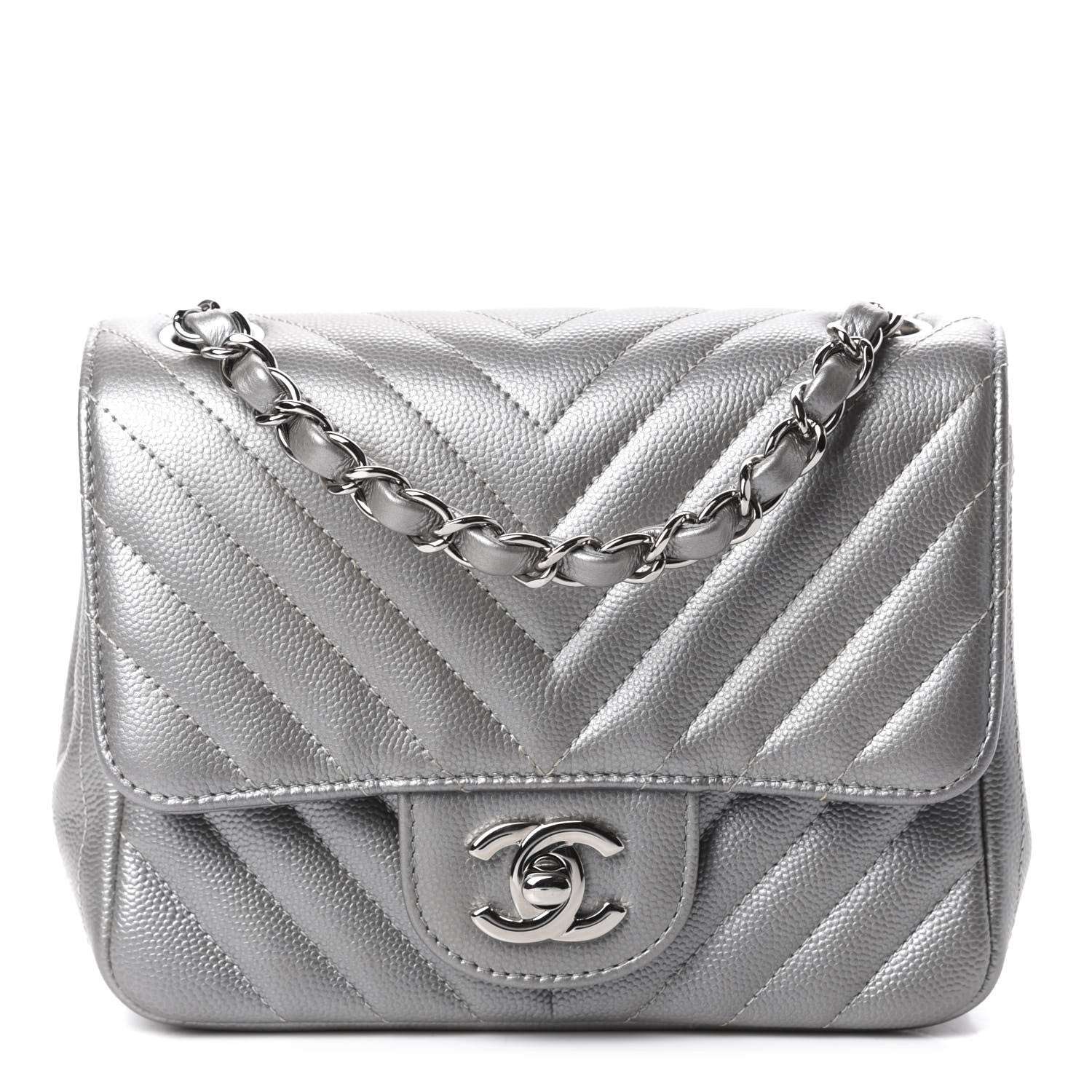 Chanel Metallic Caviar Chevron Quilted Mini Square Flap Silver 1 of 11