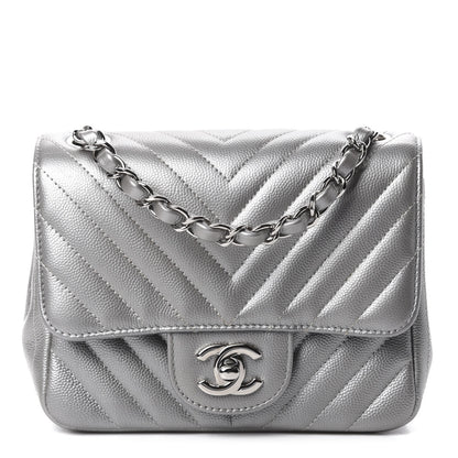 Chanel Metallic Caviar Chevron Quilted Mini Square Flap Silver 1 of 11