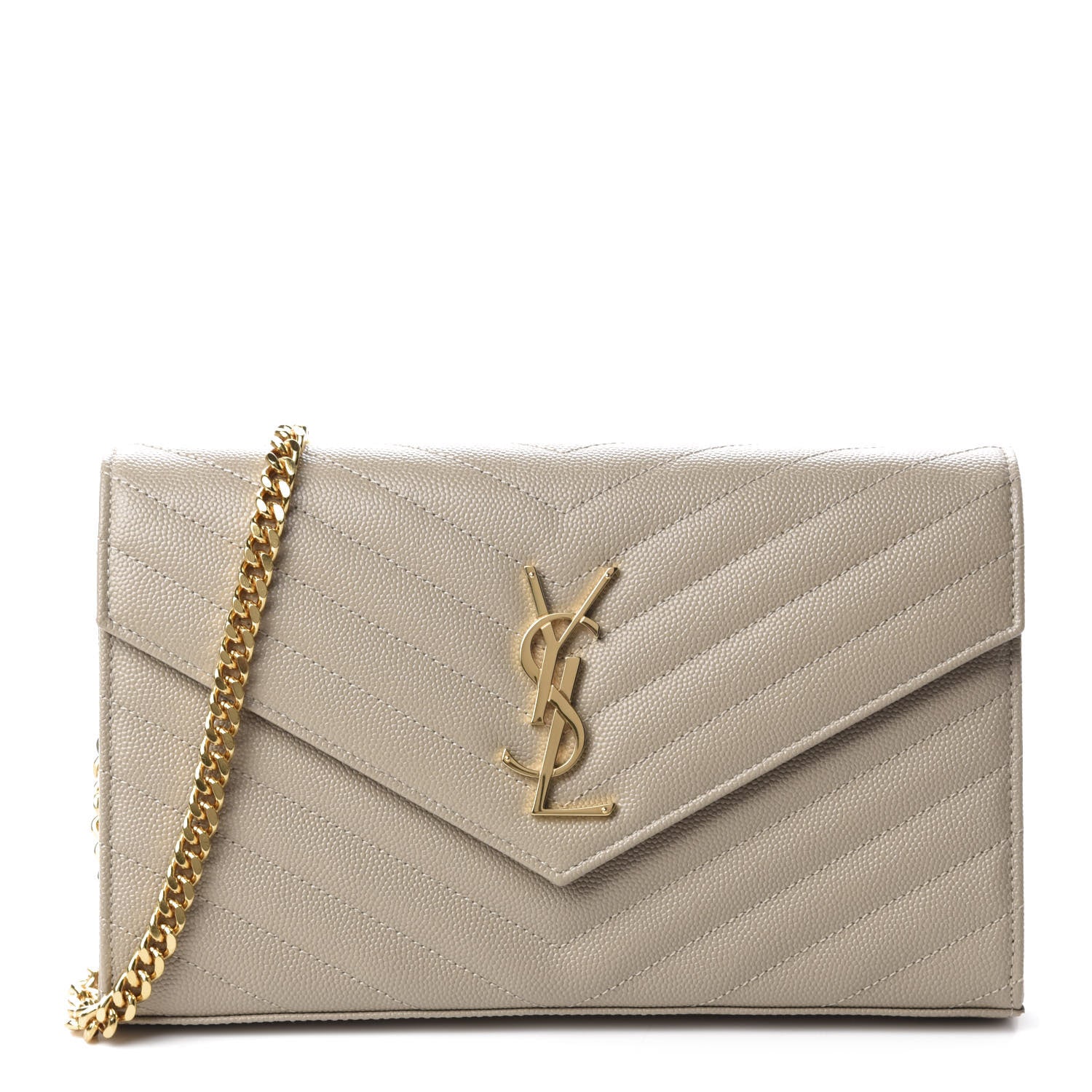 Saint Laurent Grain De Poudre Matelasse Chevron Monogram Chain Wallet Dark Beige 1 of 11