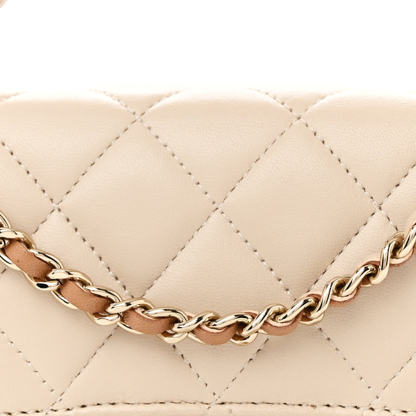 Lambskin Quilted Flap Phone Holder With Chain Beige Brown