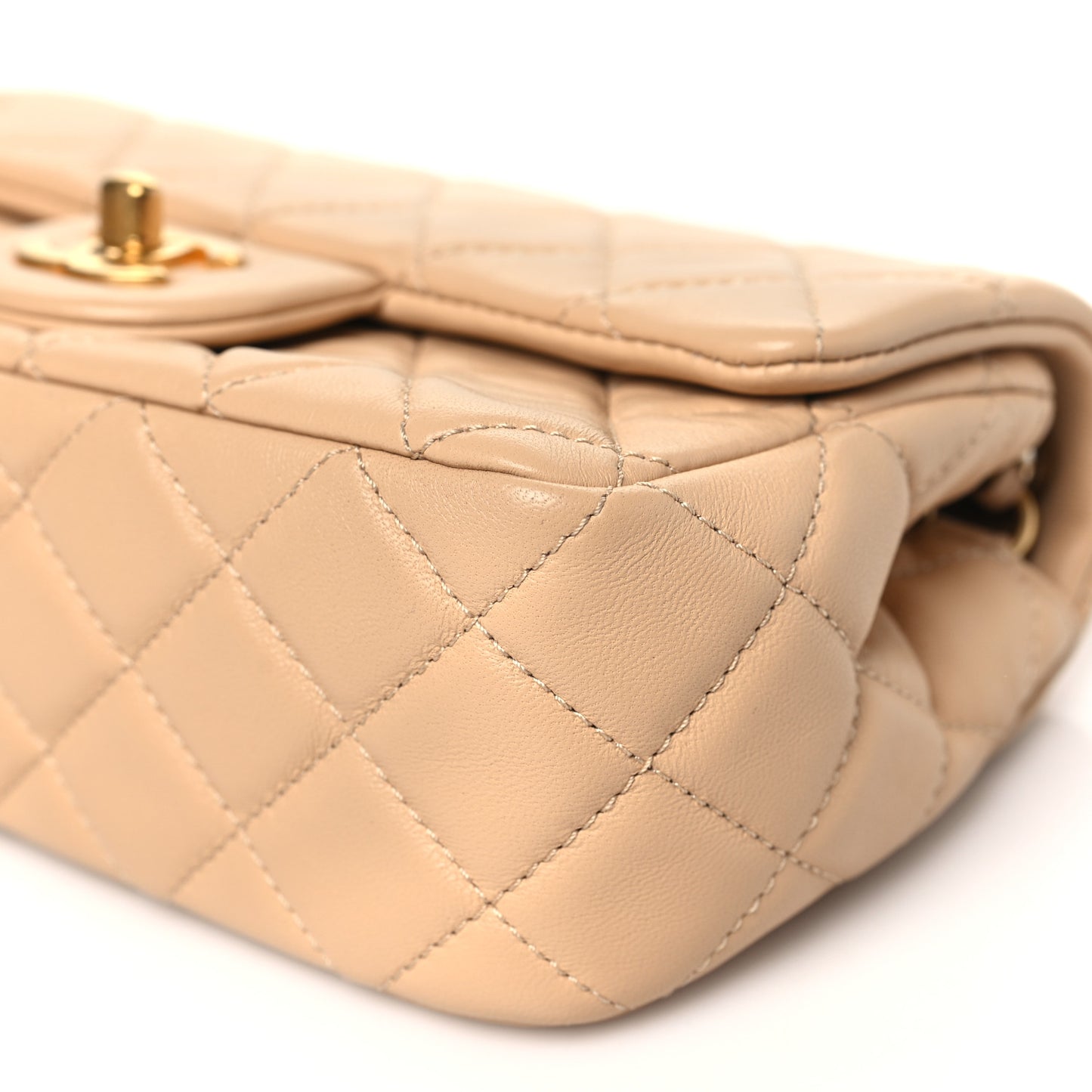 Lambskin Quilted Mini Rectangular Pearl Crush Flap Beige