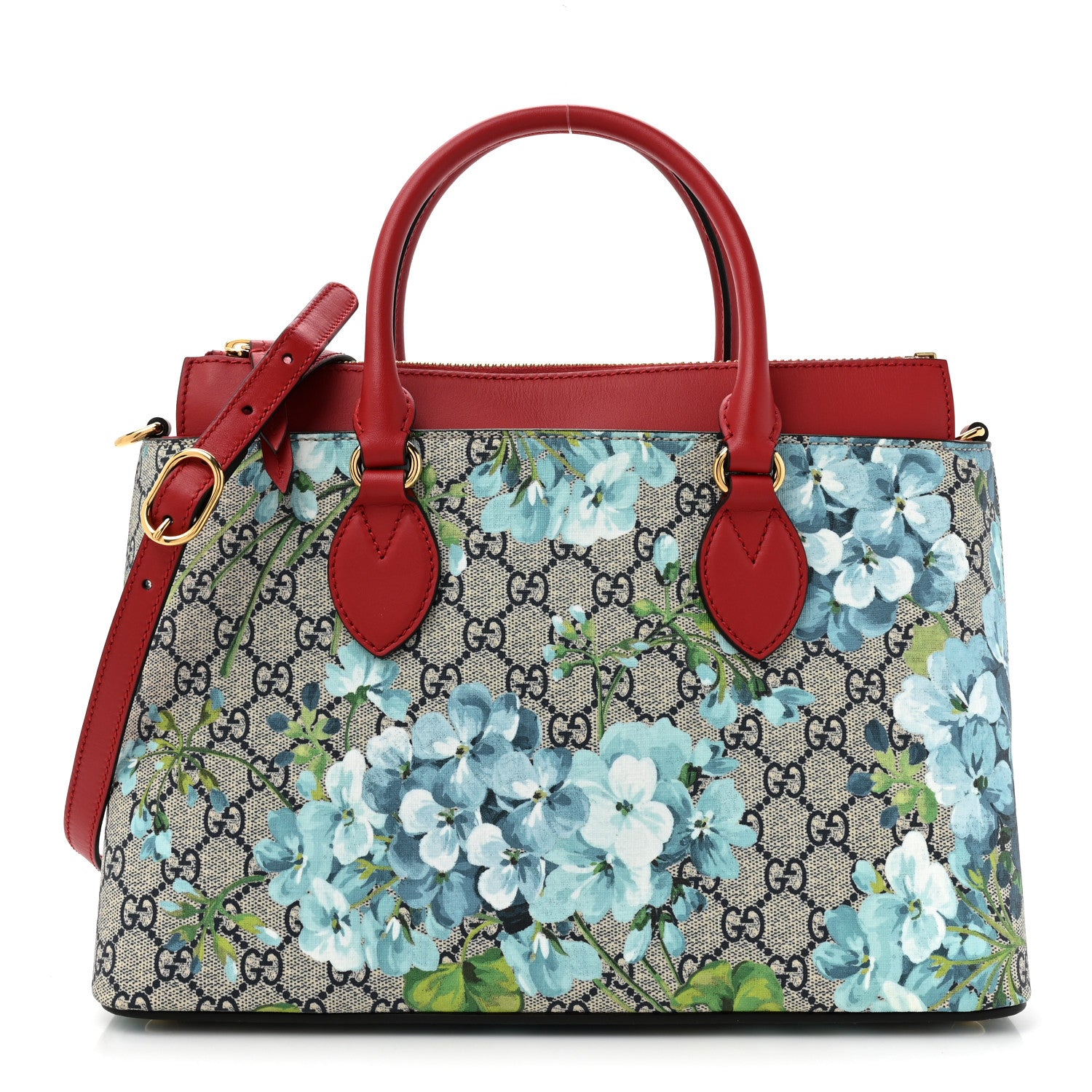 Gucci GG Supreme Monogram Blooms Medium Zip Top Tote Beige Blue Navy Hibiscus Red 1 of 11