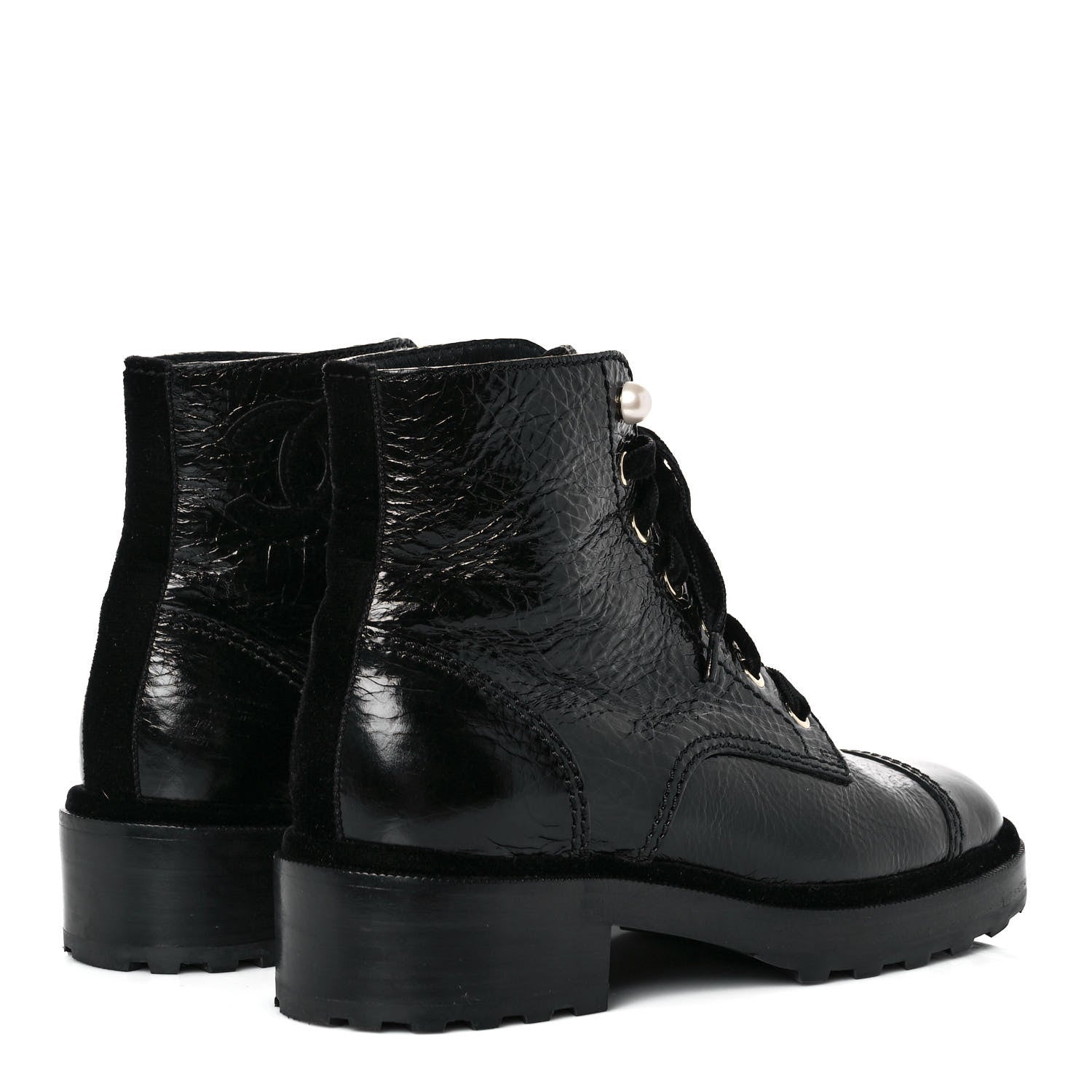 Chanel Shiny Calfskin Velvet Pearl Combat Short Boots 38.5 Black 5 of 13