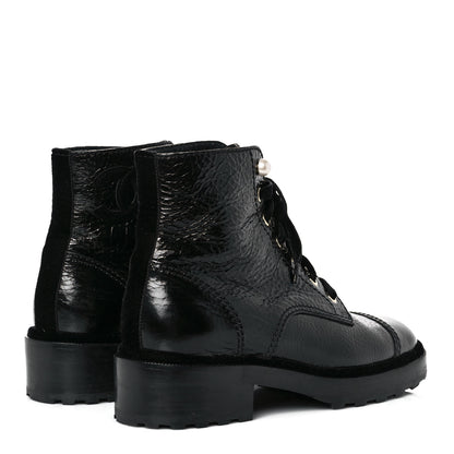 Chanel Shiny Calfskin Velvet Pearl Combat Short Boots 38.5 Black 5 of 13