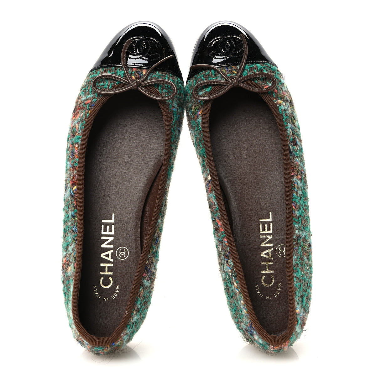 Chanel Wool Silk Tweed Patent Cap Toe Ballerina Flats 37 Dark Green Brown Blue Black 2 of 10