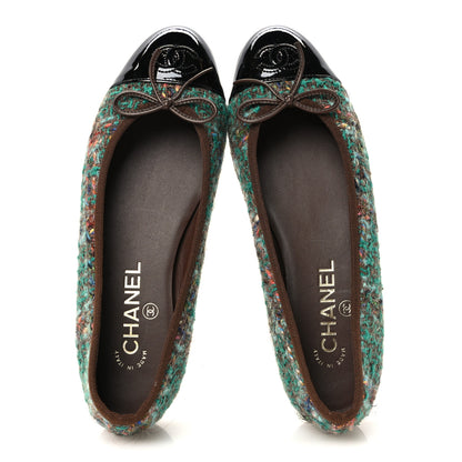 Chanel Wool Silk Tweed Patent Cap Toe Ballerina Flats 37 Dark Green Brown Blue Black 2 of 10