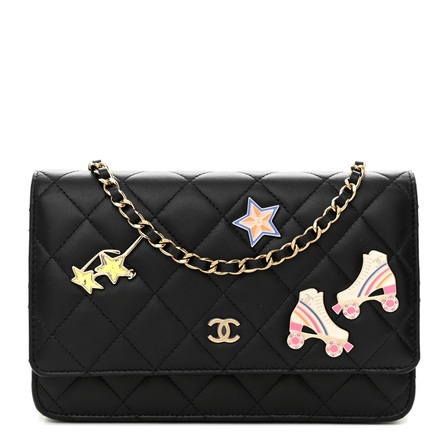 Lambskin Quilted Enamel Wallet On Chain WOC Black