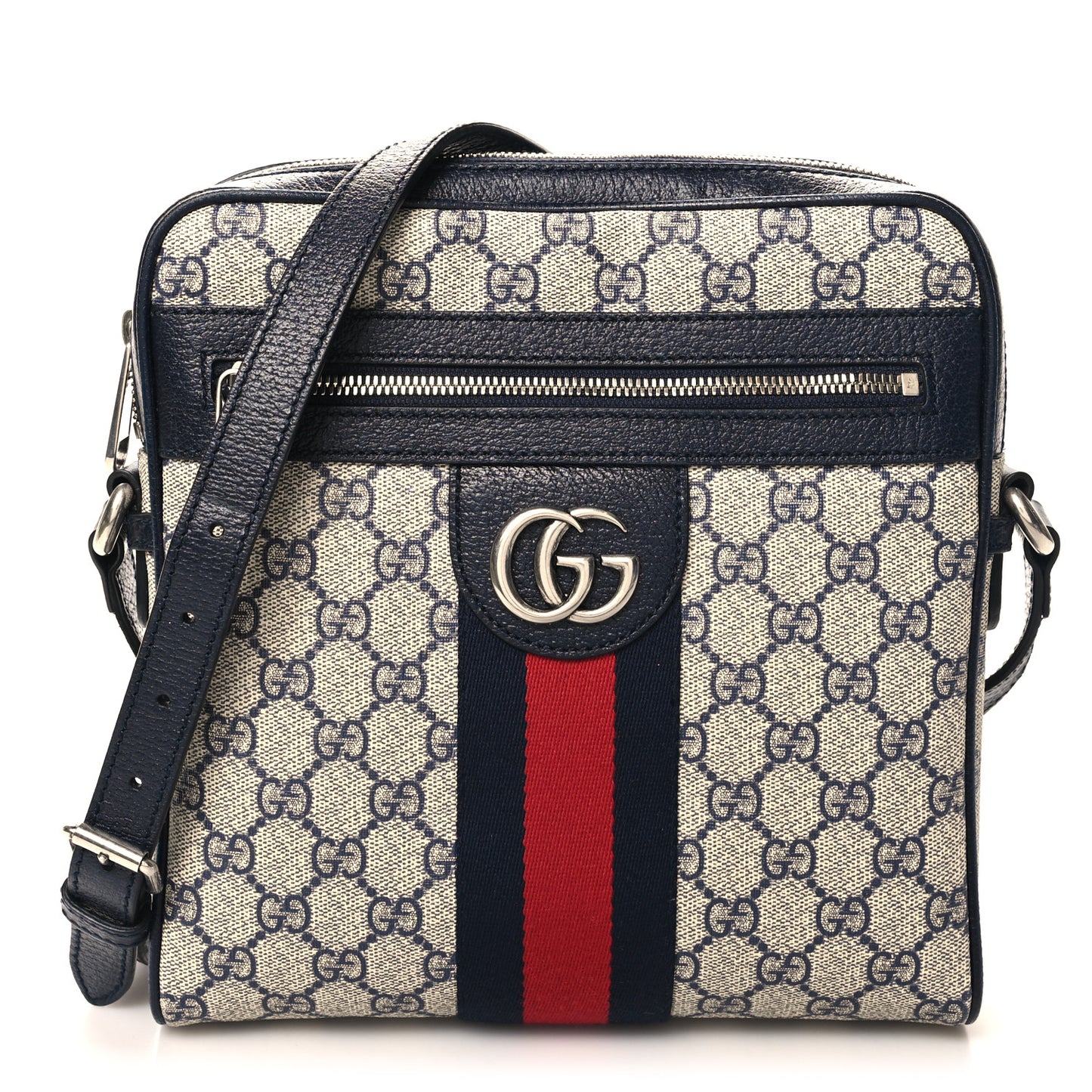 GG Supreme Monogram Textured Dollar Calfskin Web Small Ophidia Messenger Bag Beige Blue