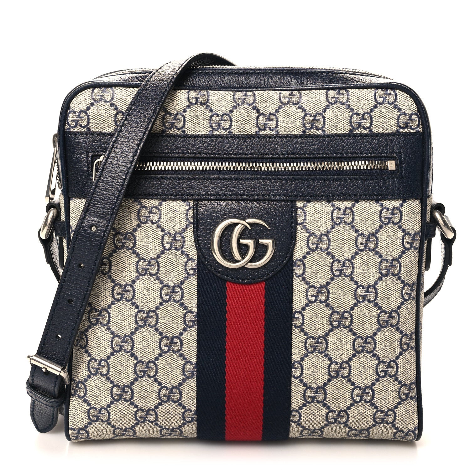 Gucci GG Supreme Monogram Textured Dollar Calfskin Web Small Ophidia Messenger Bag Beige Blue 1 of 10
