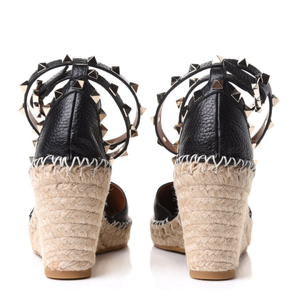 Valentino Garavani Grained Calfskin Rockstud Ankle Wrap Espadrille 15/85mm Wedges 37 Black Light Cuir 5 of 10
