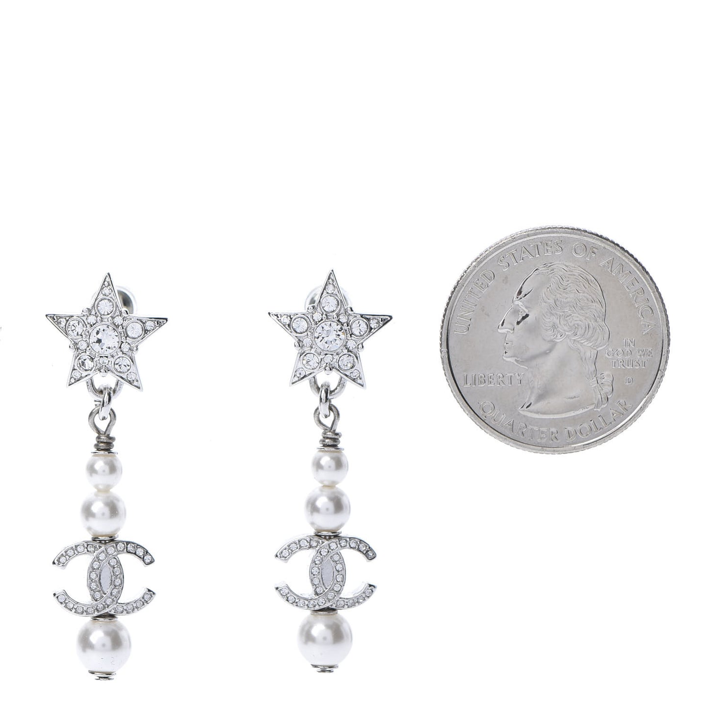 Crystal Pearl CC Star Drop Earrings Silver