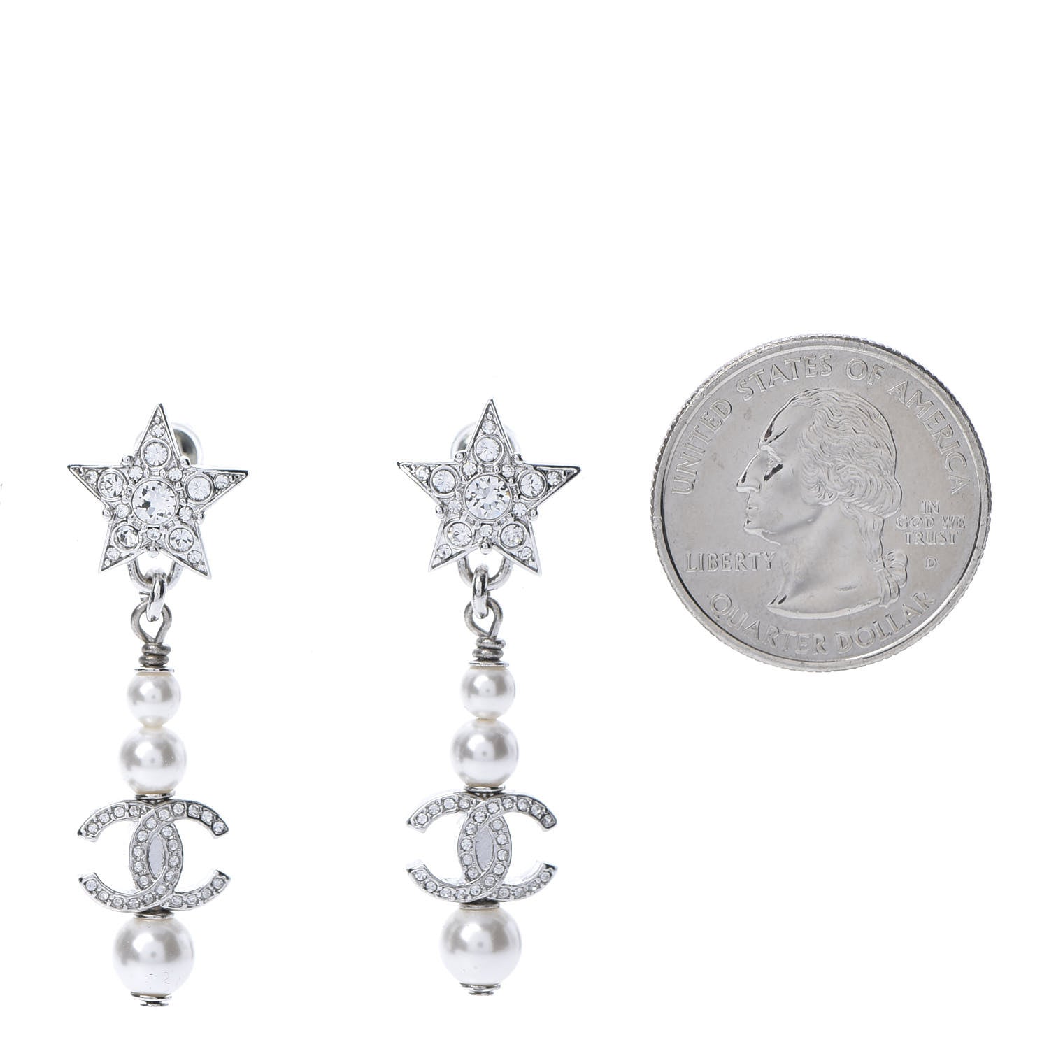 Chanel Crystal Pearl CC Star Drop Earrings Silver 2 of 5