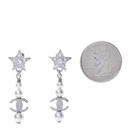 Chanel Crystal Pearl CC Star Drop Earrings Silver 2 of 5