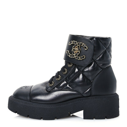 Chanel Lambskin Calfskin Quilted Lace Up Combat Boots 38 Black 1 of 12