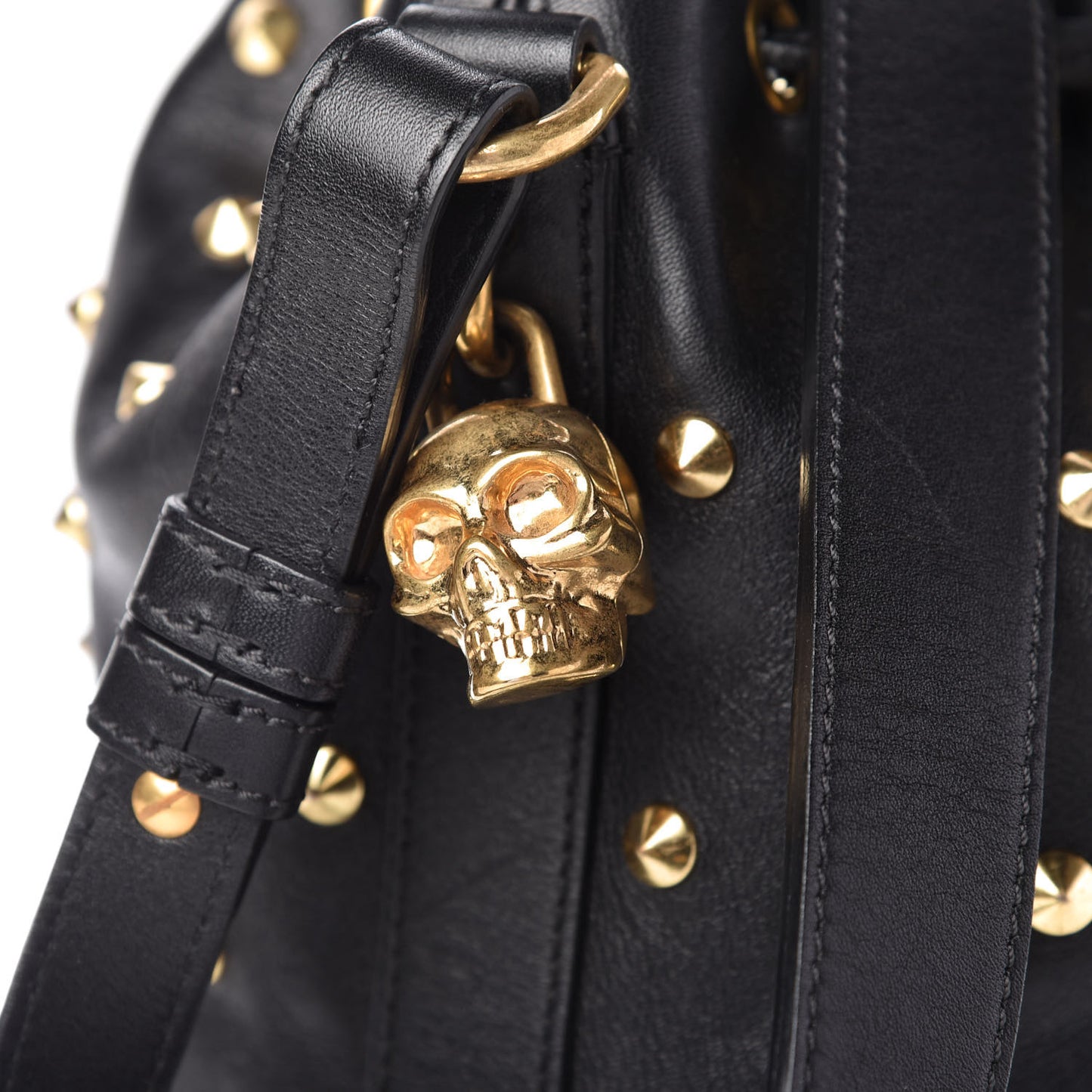 Calfskin Studded Padlock Bucket Bag Black