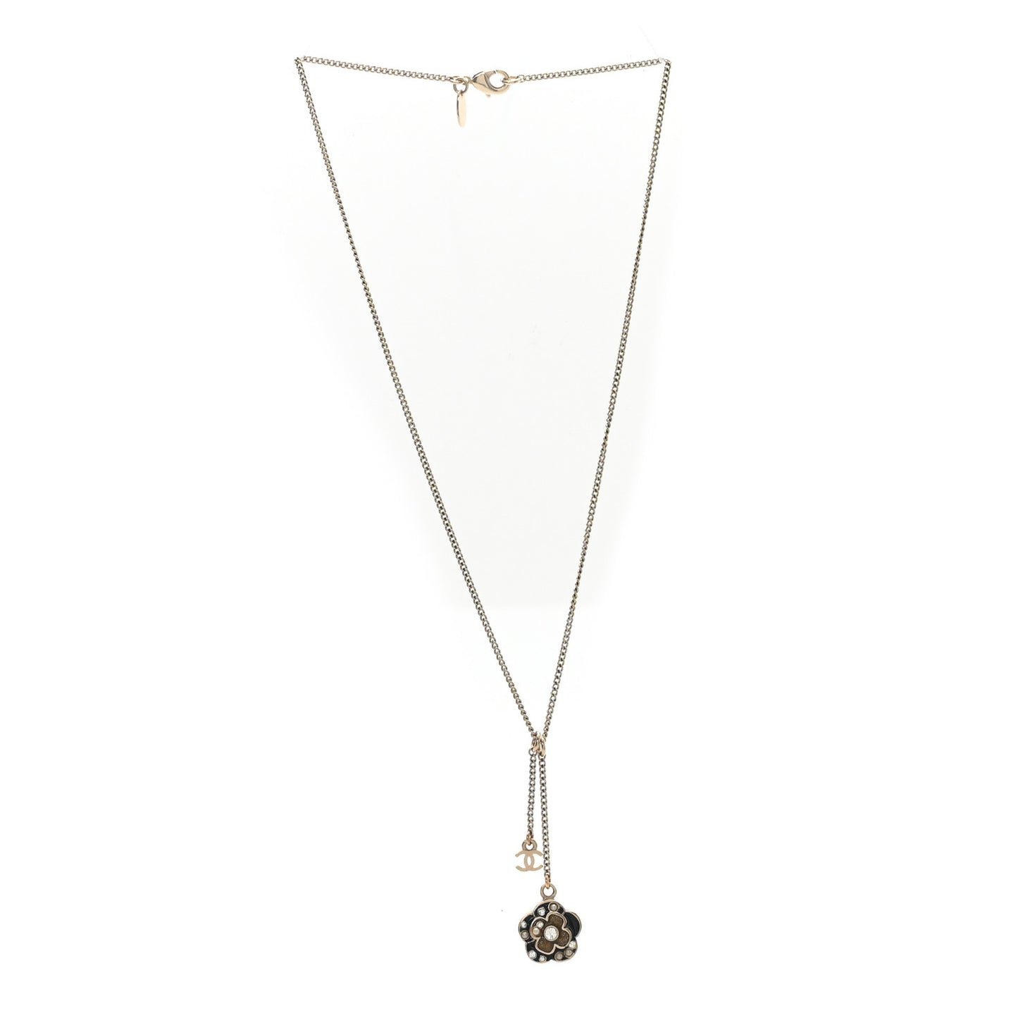 Enamel Crystal Pearl CC Camellia Drop Necklace Gold Black