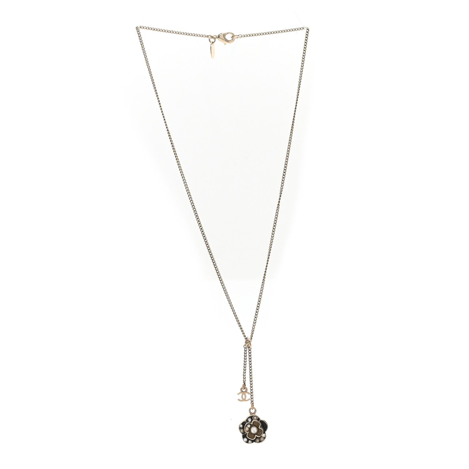 Chanel Enamel Crystal Pearl CC Camellia Drop Necklace Gold Black 3 of 4