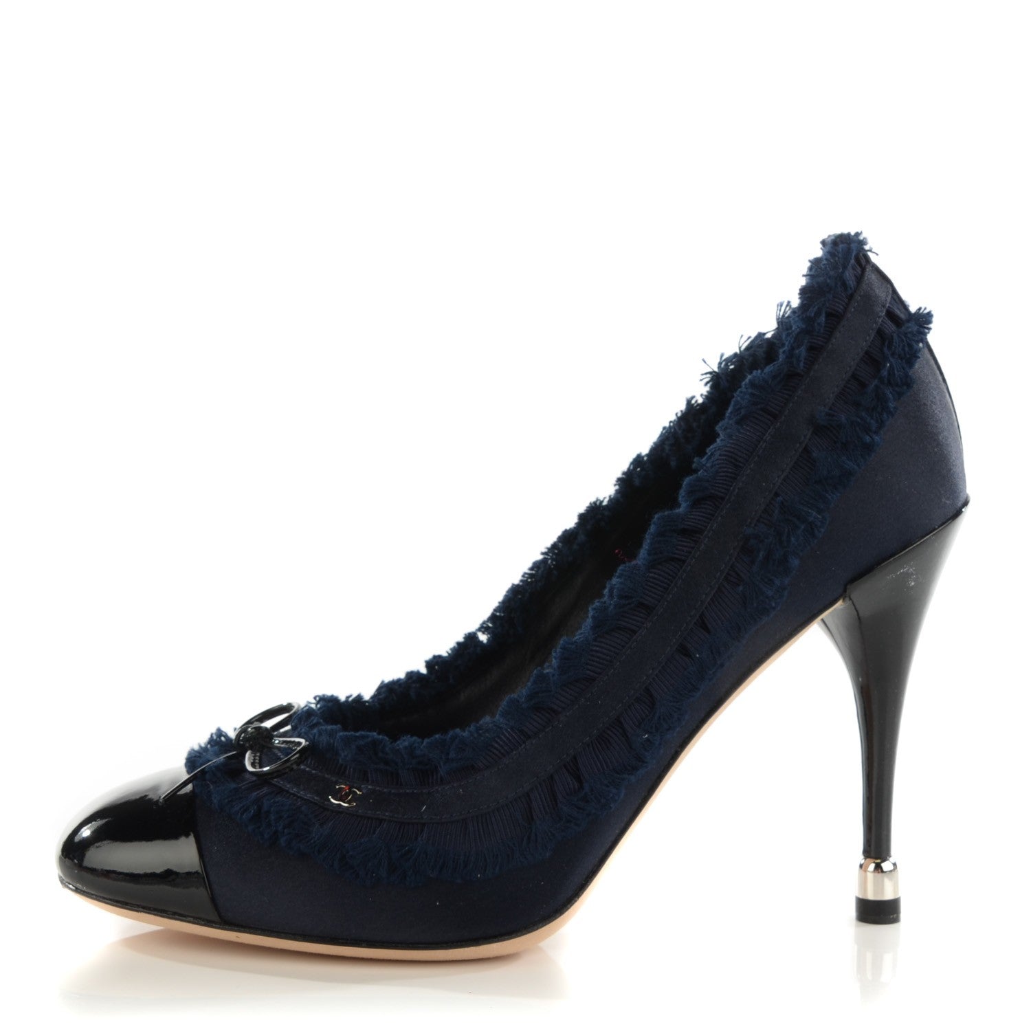 Chanel Patent Calfskin Satin Cap Toe Pumps 37.5 Navy Black 1 of 8
