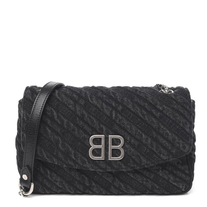 Balenciaga Destroyed Denim Jacquard Logo Matelasse BB Chain Wallet Black 1 of 9