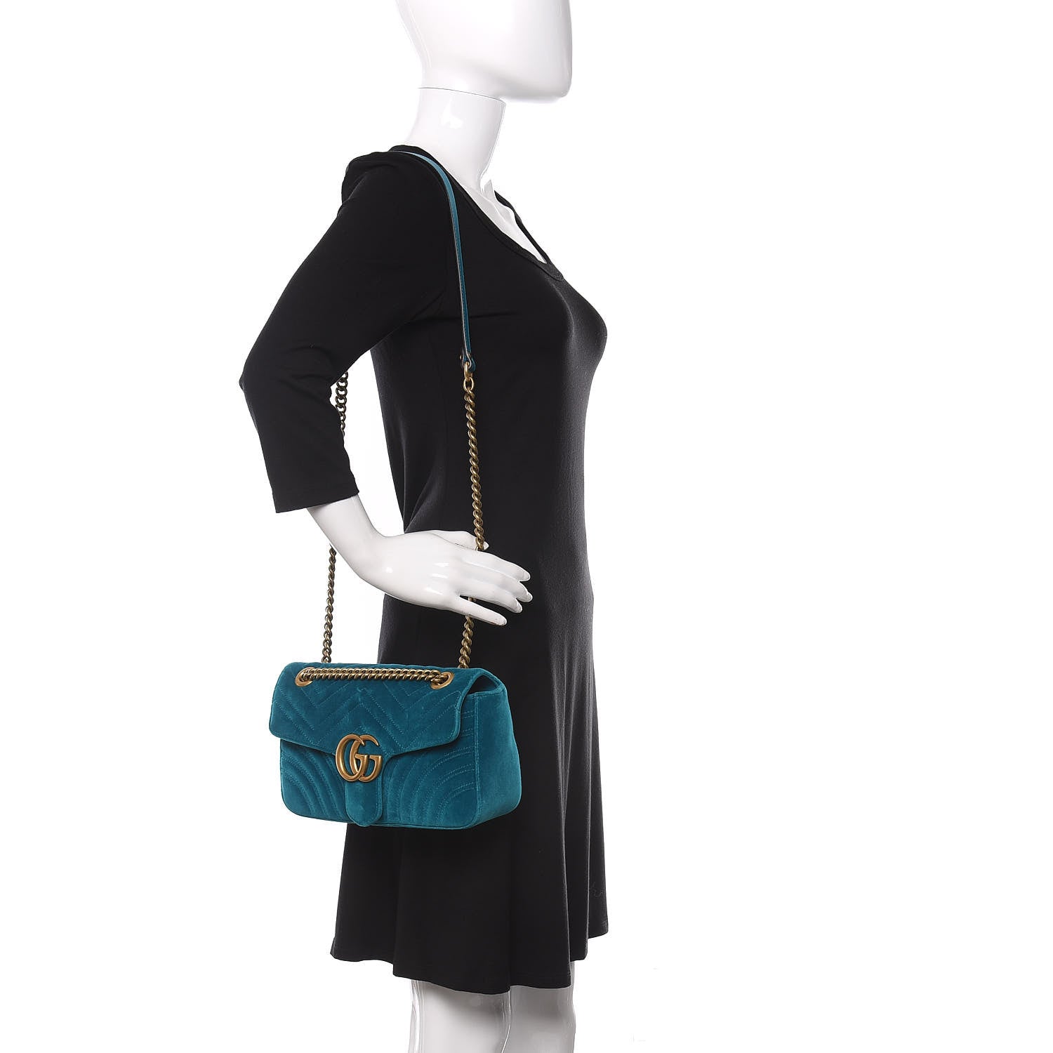 Gucci Velvet Matelasse Small GG Marmont Shoulder Bag Pavone Cyan 2 of 10