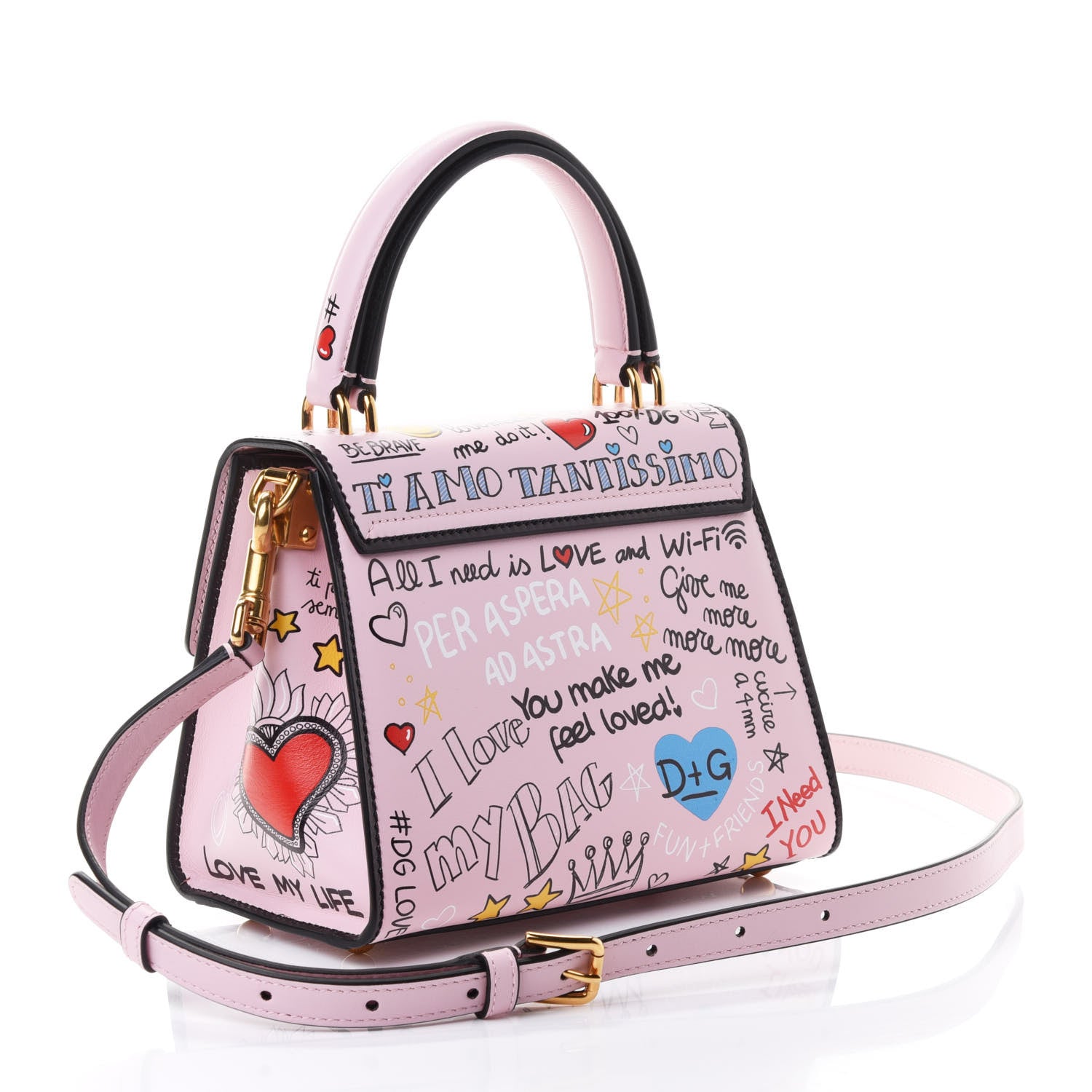 Dolce & Gabbana Calfskin Graffiti Printed Welcome Satchel Pink Black 2 of 4