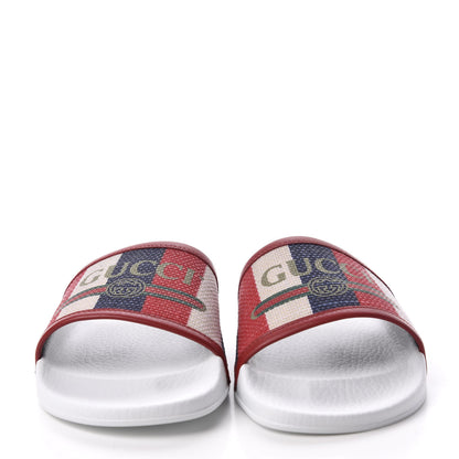 Gucci Canvas Sylvie Stripe Logo Pursuit Slide Sandals 39 Mystic White Hibiscus Red Maritime 3 of 8