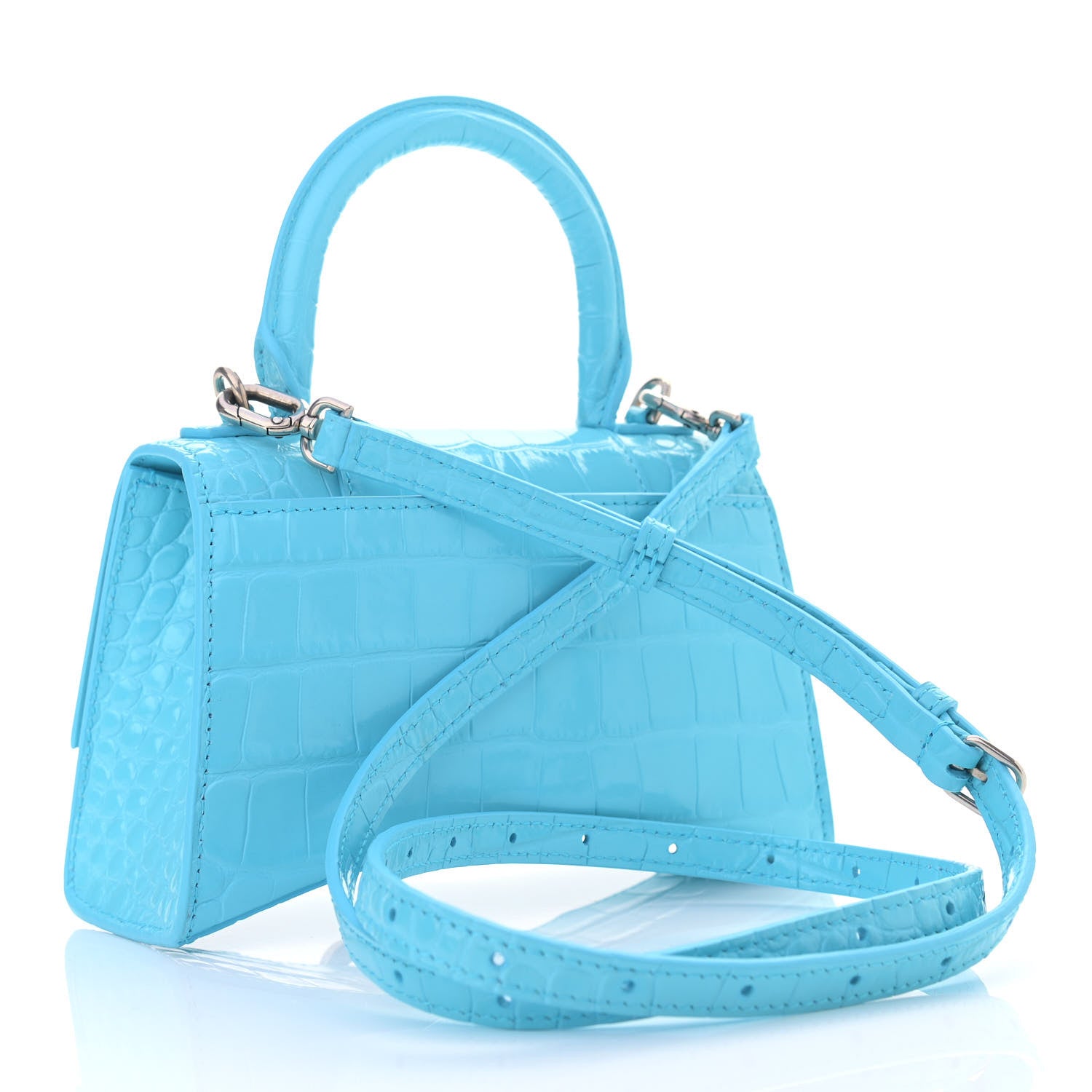 Balenciaga Shiny Calfskin Crocodile Embossed Hourglass Top Handle Bag XS Azur 3 of 11