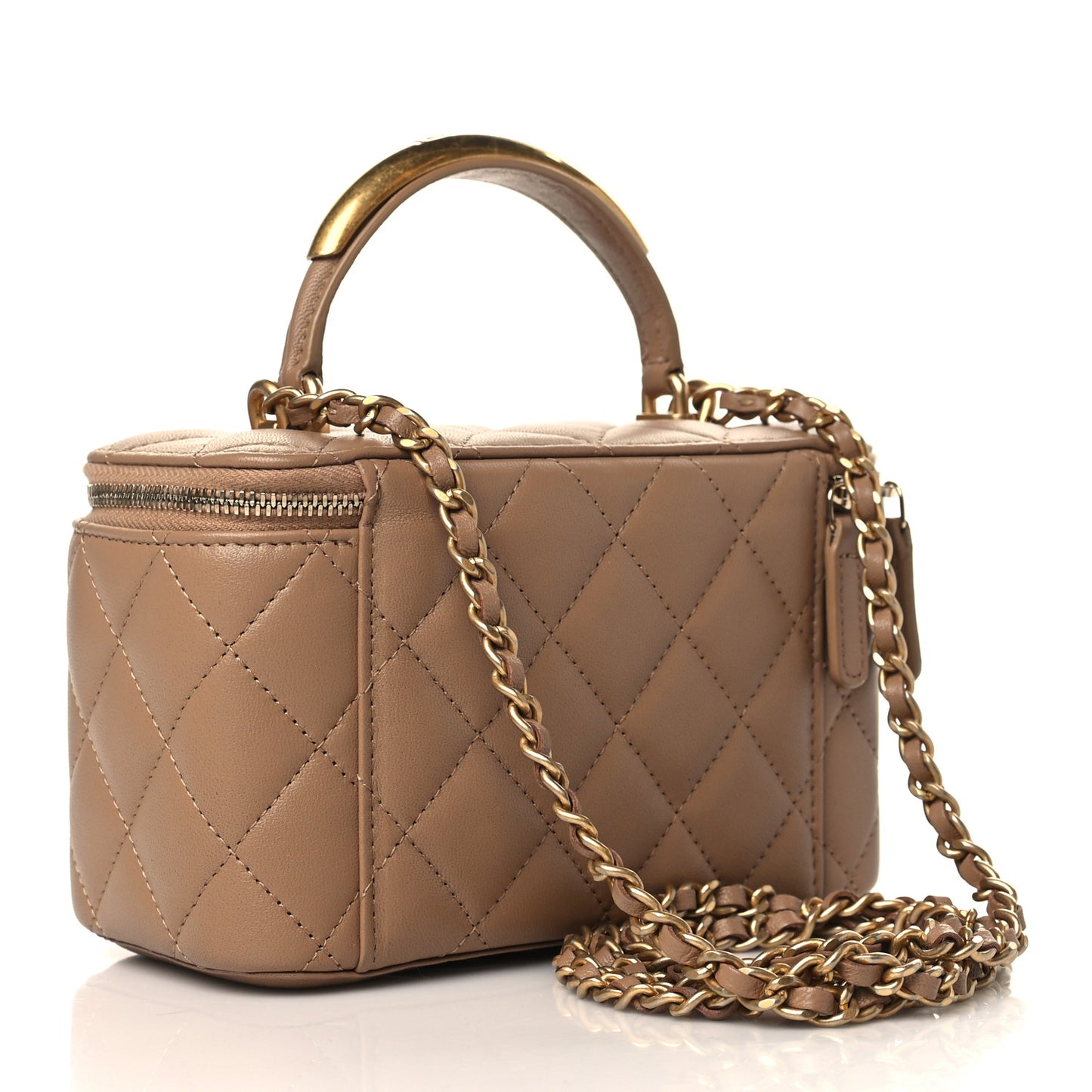 Lambskin Quilted Metal Small Top Handle Vanity Case With Chain Beige