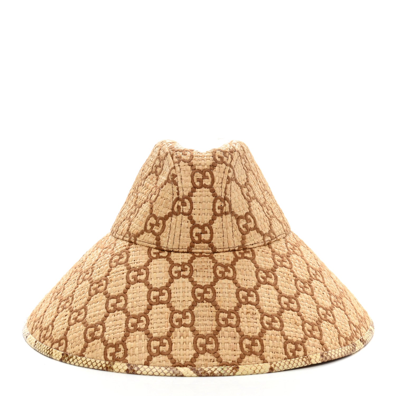 Gucci Raffia Elaphe GG Monogram Embroidered Wide Brim Hat Ivory Dark Brown 3 of 9