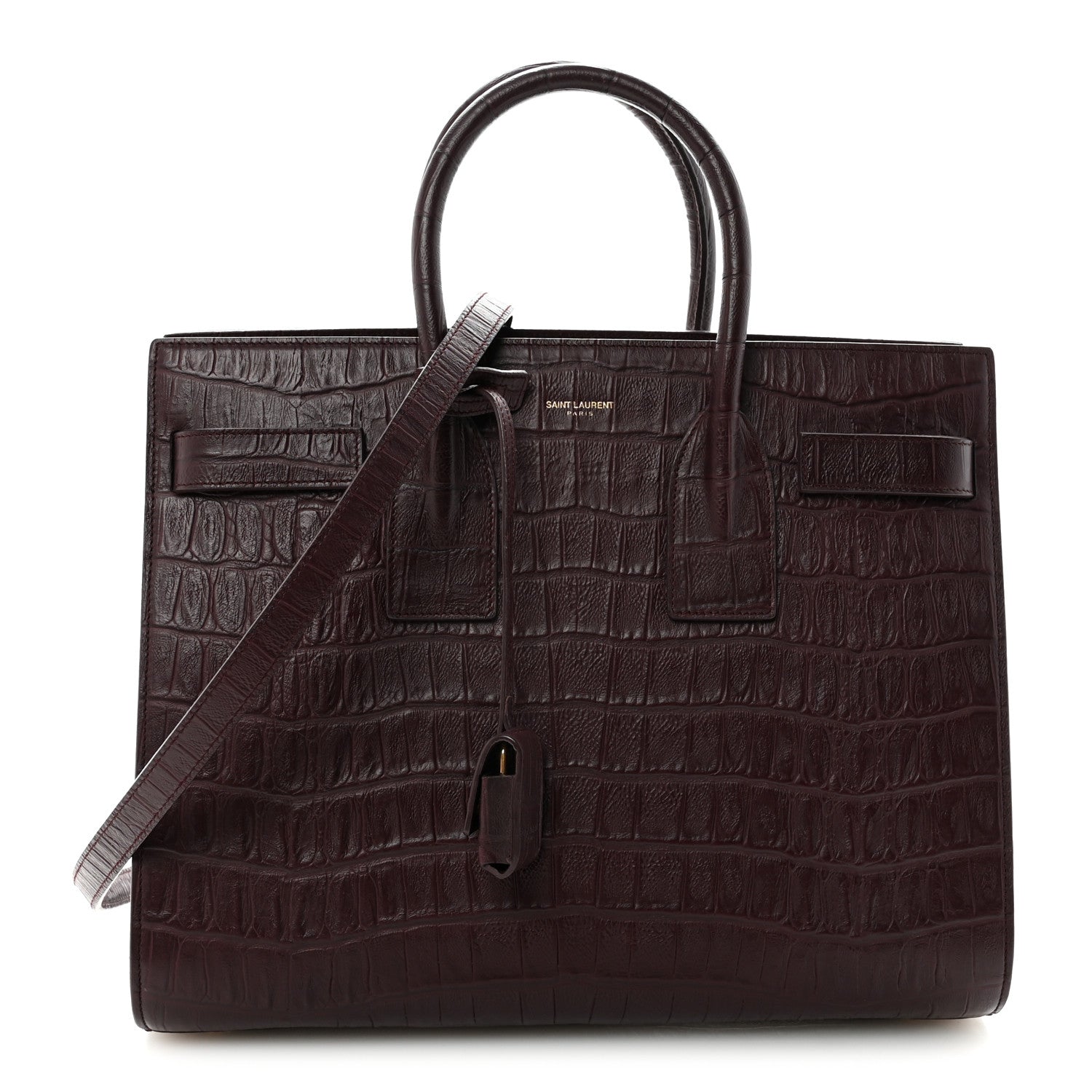 Saint Laurent Calfskin Crocodile Embossed Small Sac De Jour Amarena 1 of 9