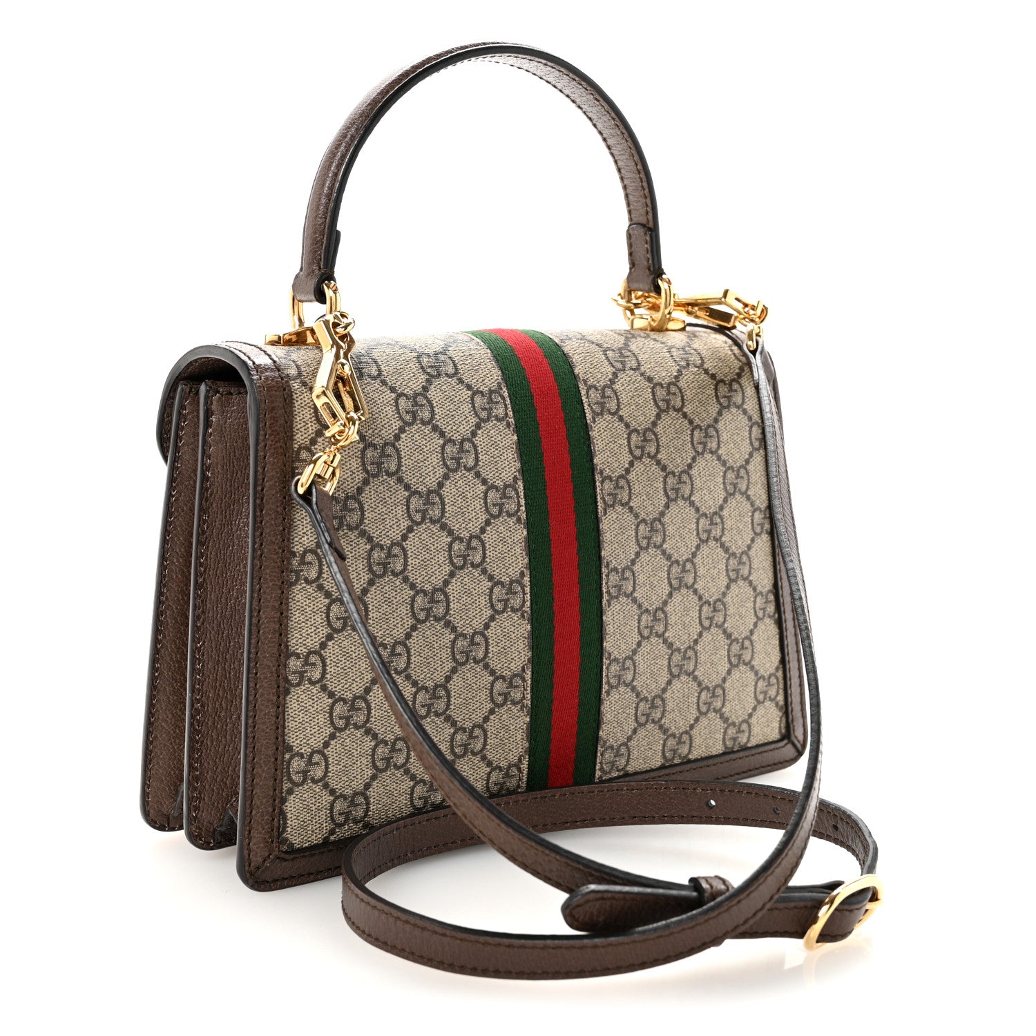 Gucci GG Supreme Monogram Textured Dollar Calfskin Web Small Ophidia Padlock Top Handle Bag Beige Ebony New Acero 4 of 25