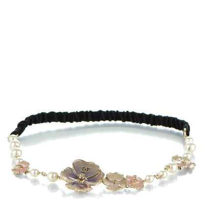 Chanel Pearl Enamel Crystal Camellia CC Headband 1 of 5