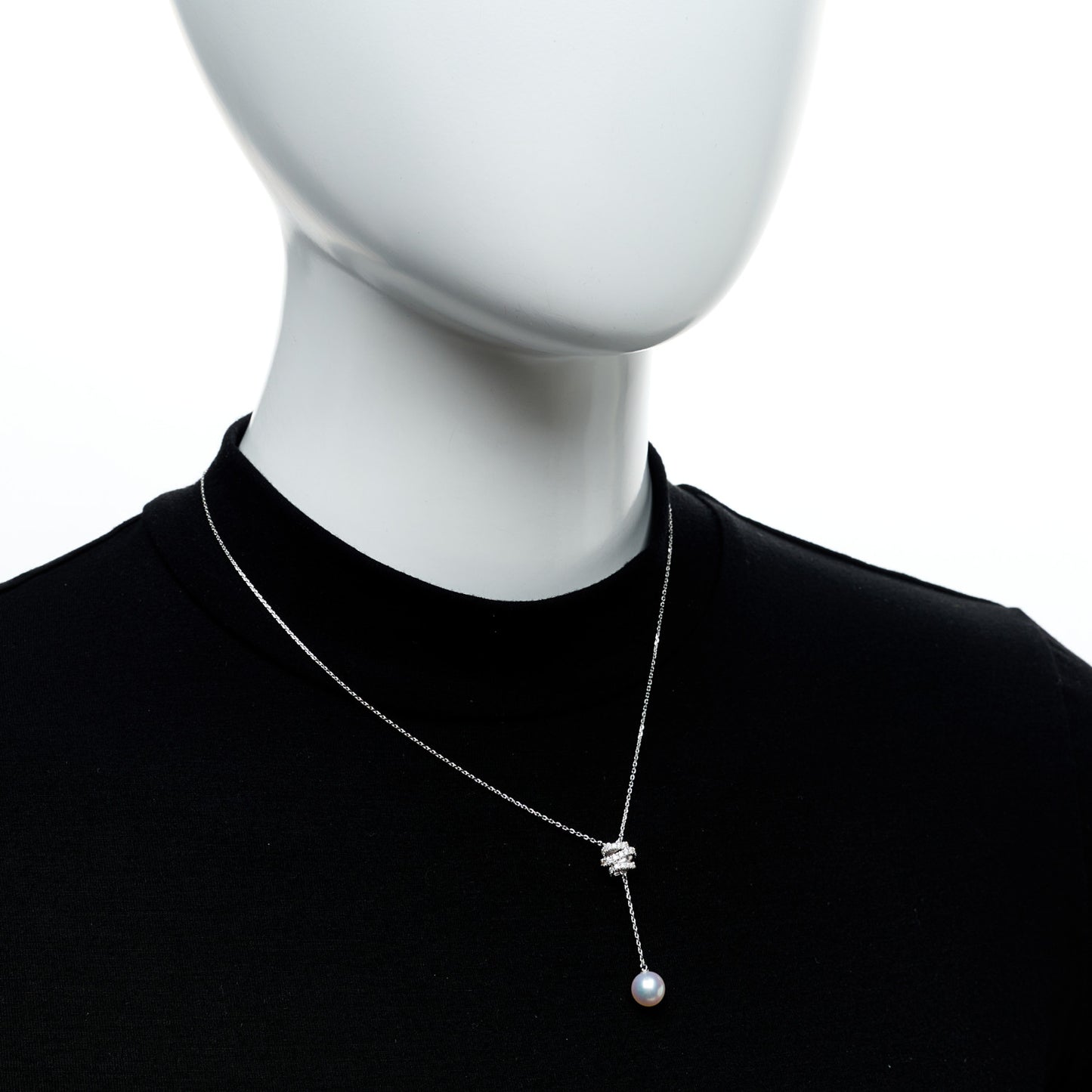 18K White Gold Diamond Akoya Pearl 7.5-8mm Lariat Necklace