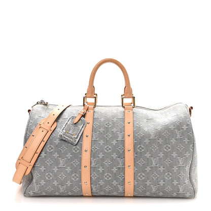Louis Vuitton Denim Monogram Studded Keepall Bandouliere 45 Cloudy Grey 1 of 8