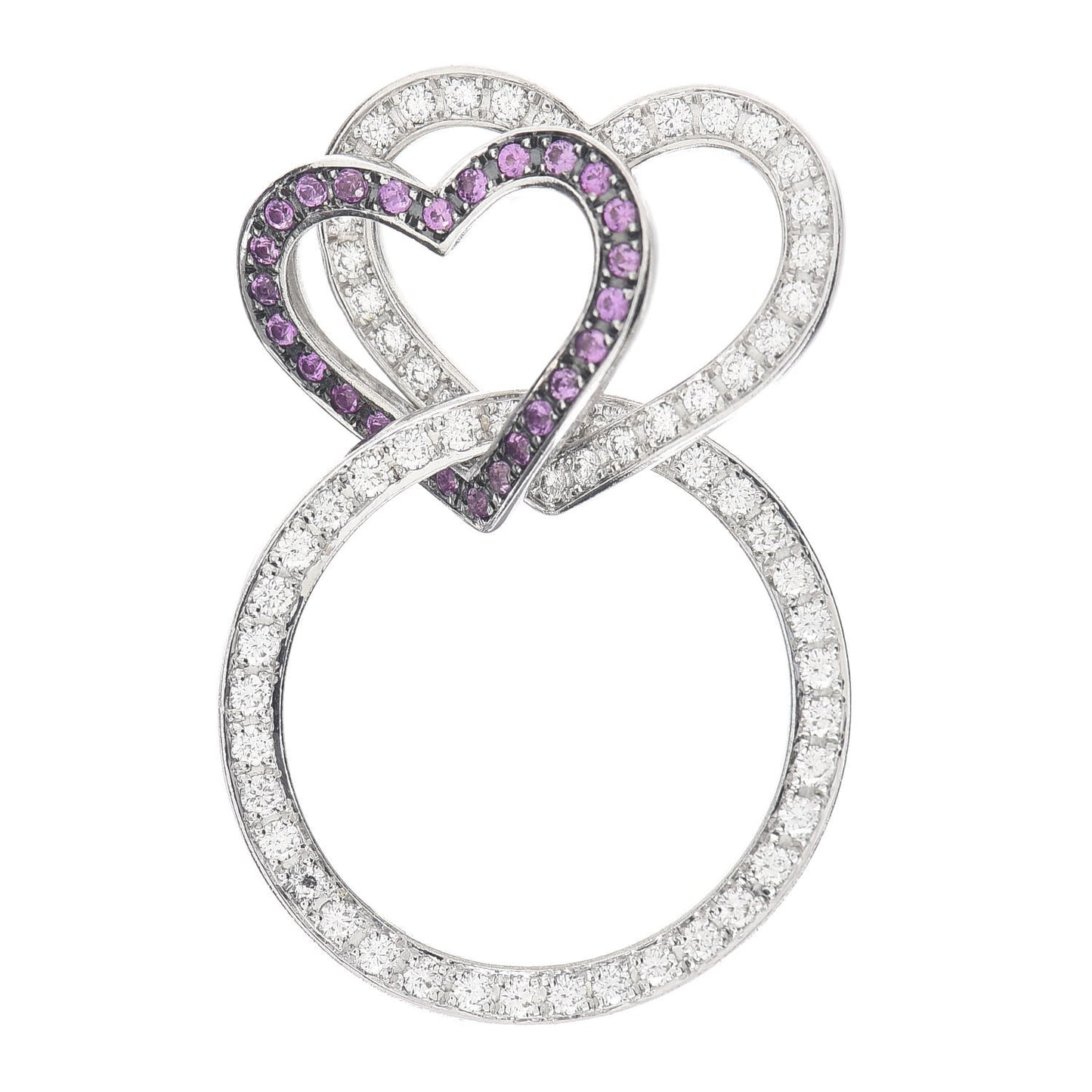 18K White Gold Diamond Pink Sapphire Interlocking Heart Pendant