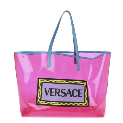 Versace Vinyl Calfskin 90s Logo Tote Pink Blue 1 of 7