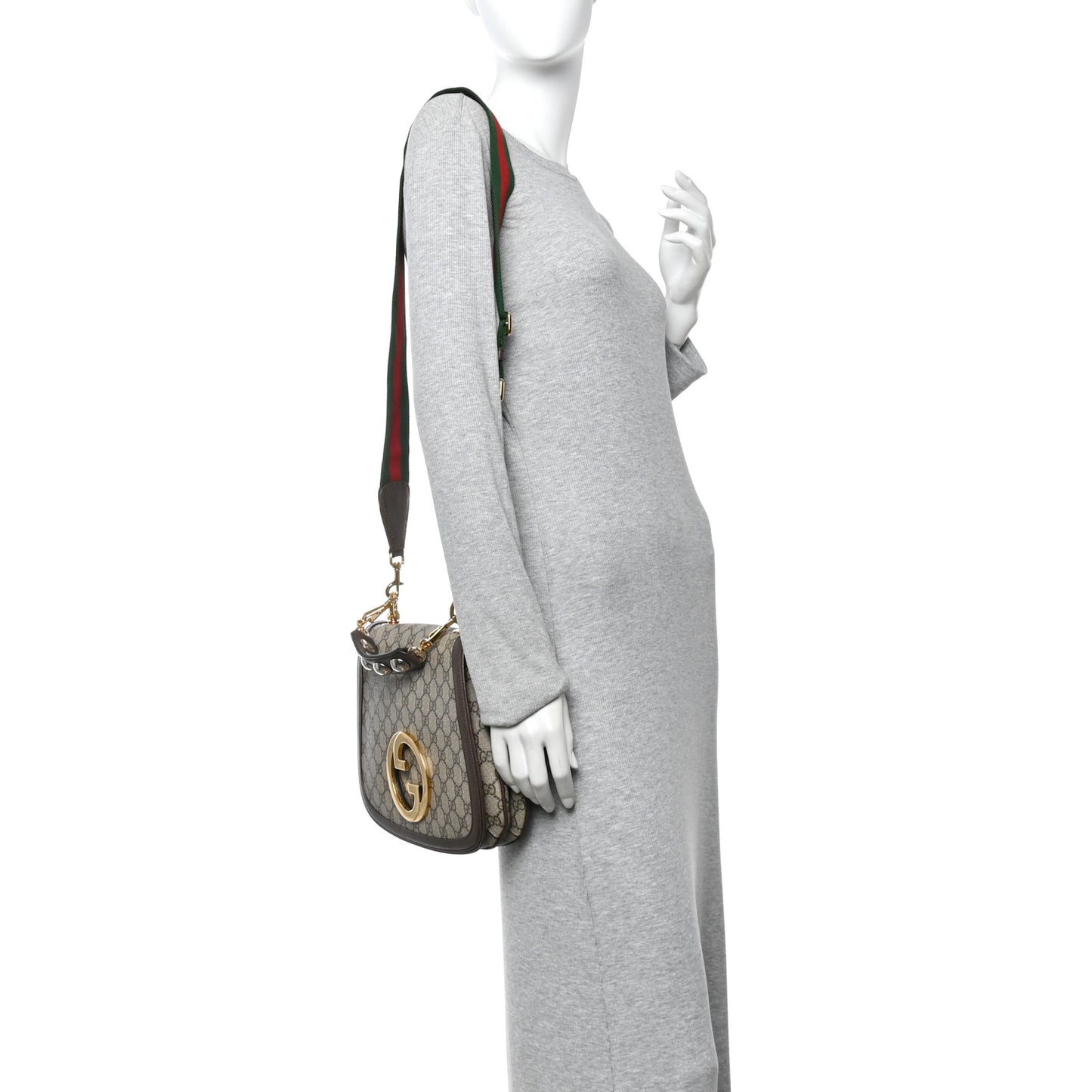 GG Supreme Monogram Textured Dollar Calfskin Web Medium Blondie Shoulder Flap Bag Beige Ebony New Acero