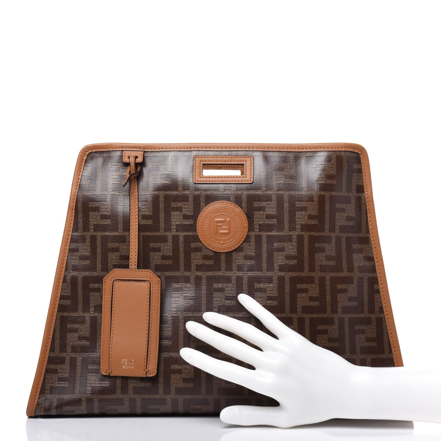 Fendi Glazed Fabric Vitello Century FF 1974 Stamp Patch Medium Peekaboo Defender Cover Mogano Panna Caramello 2 of 16