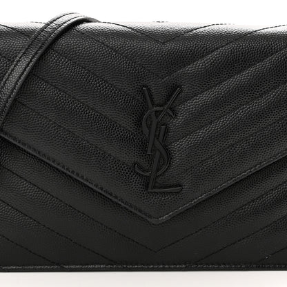 Saint Laurent Grain De Poudre Matelasse Chevron Monogram Monochrome Envelope Chain Wallet Black 7 of 11