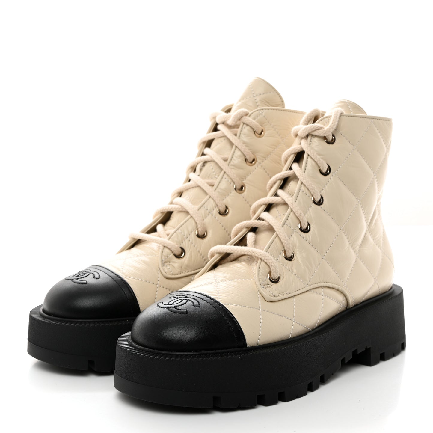 Crumpled Lambskin Quilted Platform Lace Up Combat Boots 38 Beige Black