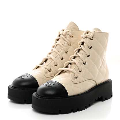 Chanel Crumpled Lambskin Quilted Platform Lace Up Combat Boots 38 Beige Black 3 of 8