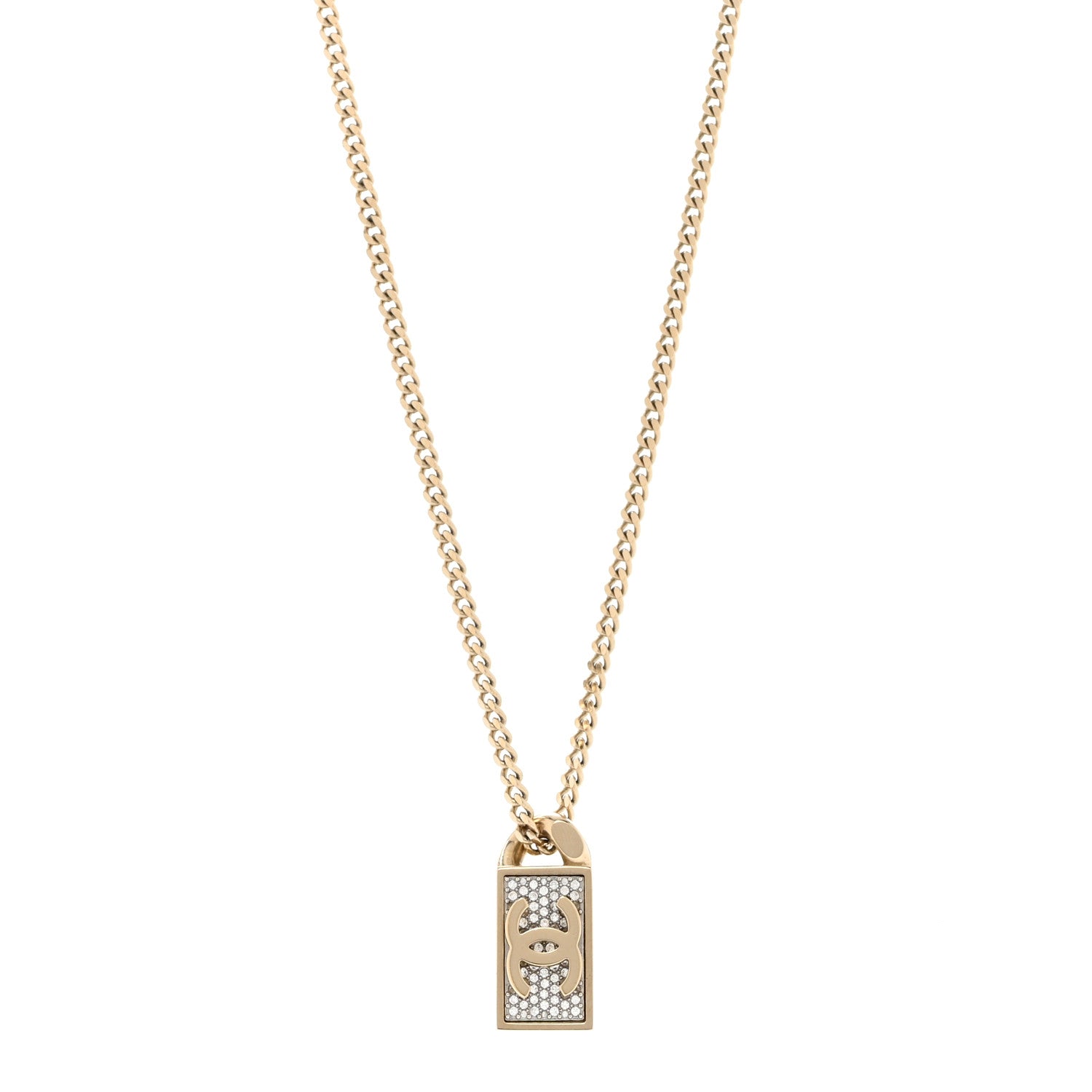 Chanel Crystal Dog Tag Charm Necklace Gold 1 of 7