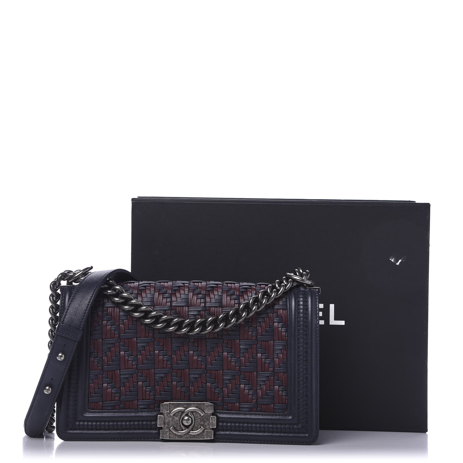 Chanel Calfskin Woven Medium Boy Flap Blue Burgundy 13 of 13