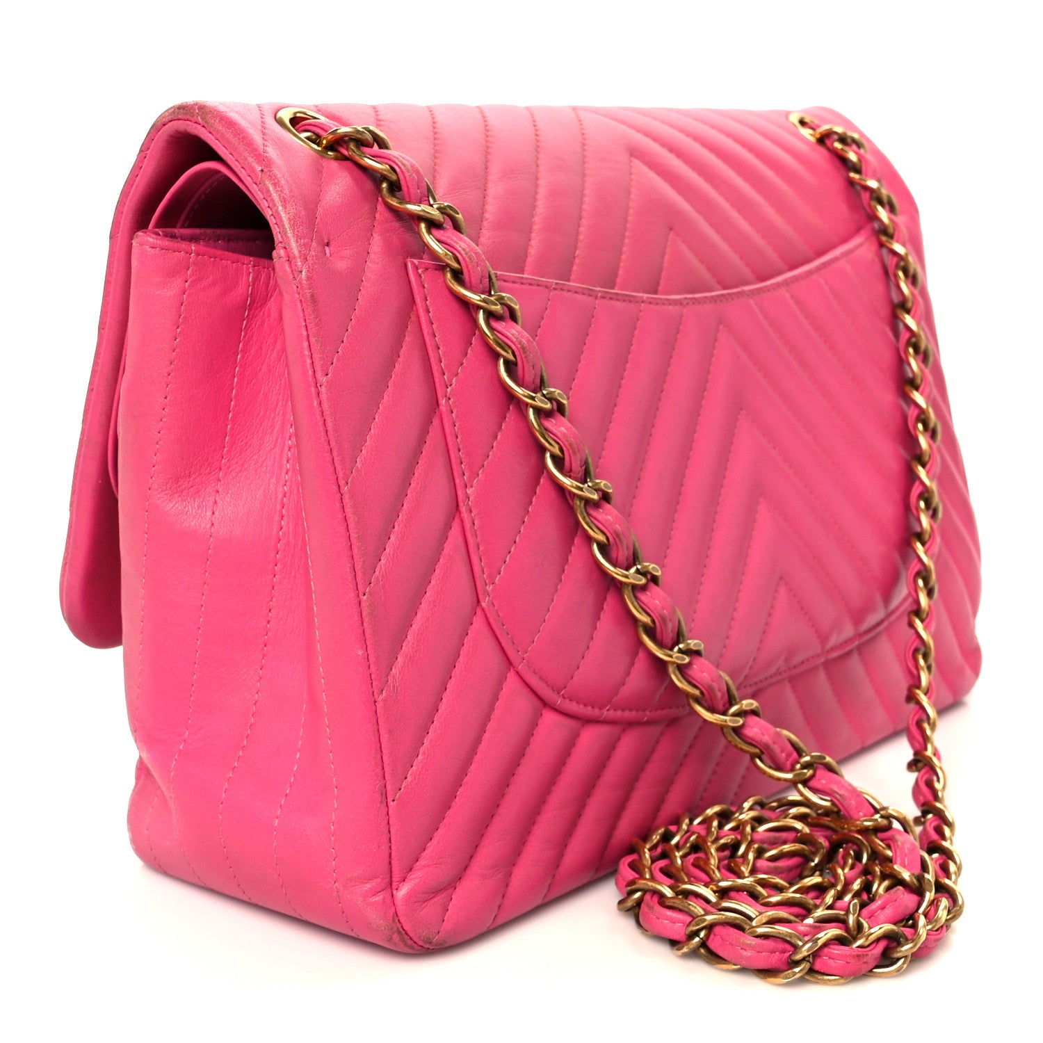 Chanel Lambskin Chevron Quilted Jumbo Double Flap Dark Pink 3 of 13